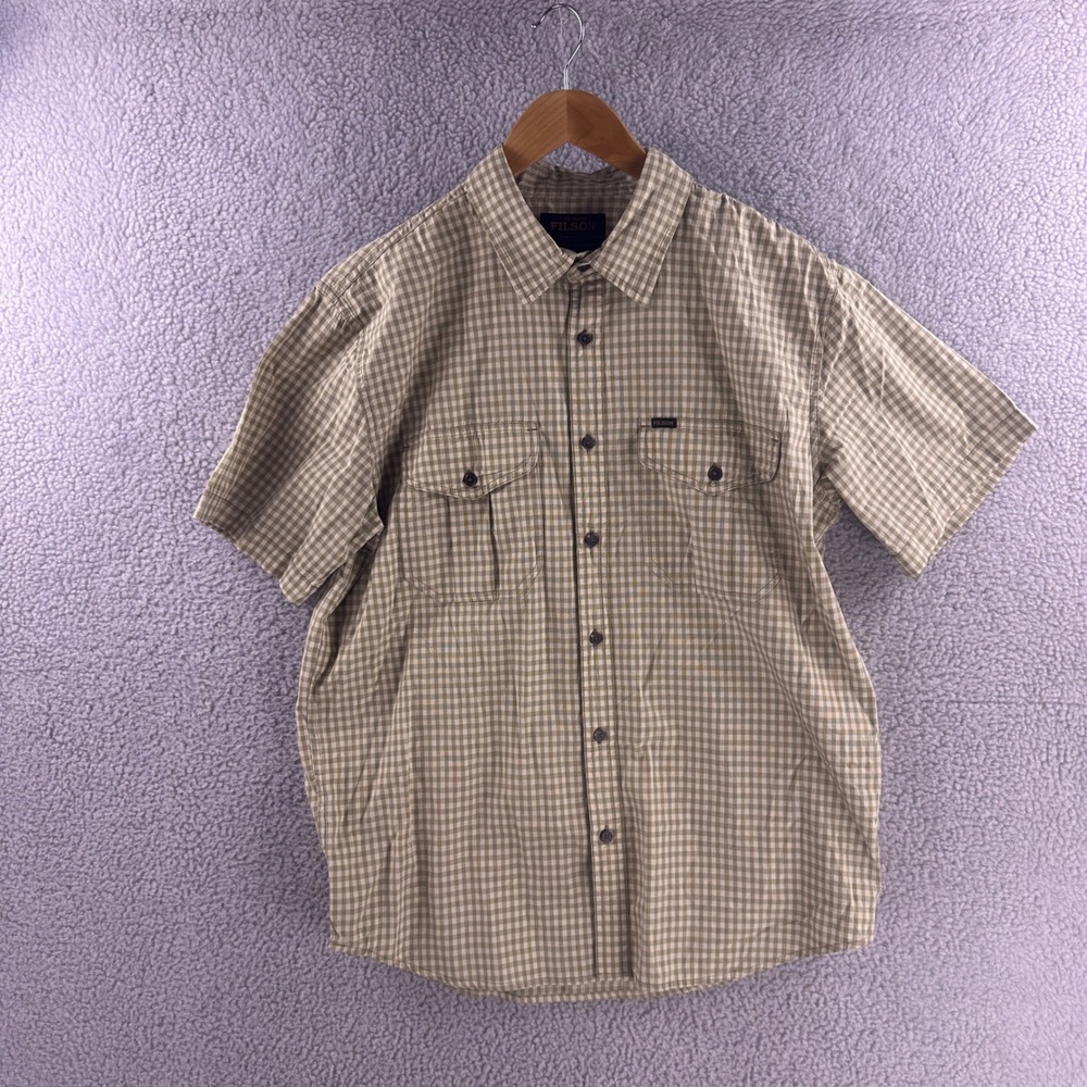 Filson Mens Medium Gingham Short Sleeve Button Down Shirt Tan White